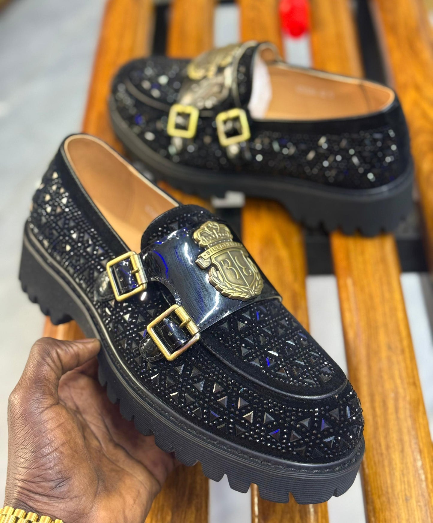 Loafer Cristal Monk Strap – Chaussure Homme Luxe Noir & Or