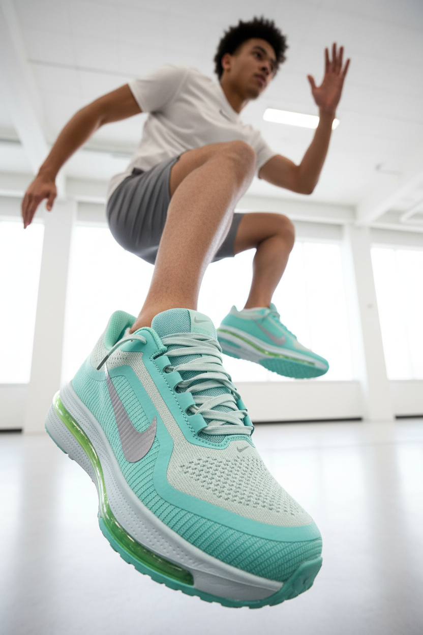 Personne portant les Nike Air Zoom Turquoise & Vert Fluo – Style sportif premium