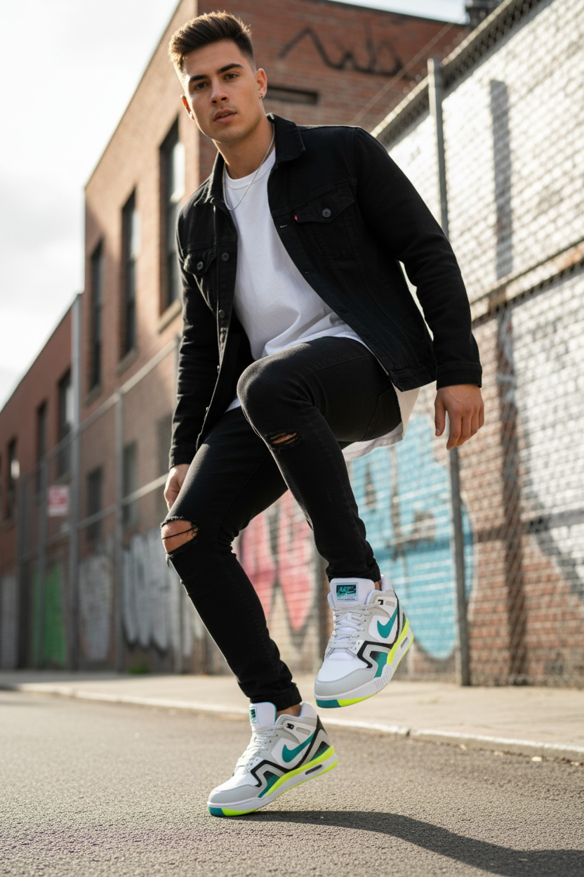 Homme portant les Nike Air Tech Challenge II – Coloris Turquoise Jaune Fluo