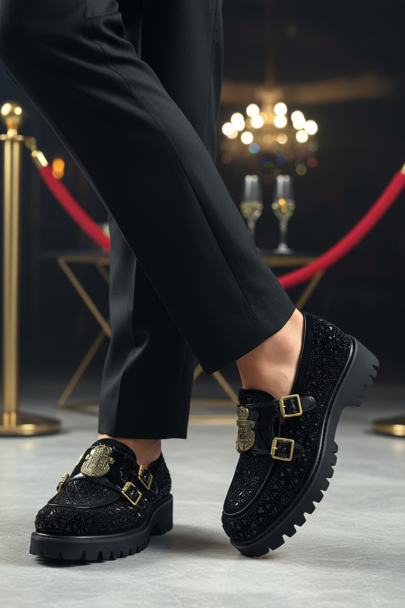 Homme élégant portant les Loafer Cristal Monk Strap Noir & Or – Style VIP luxe