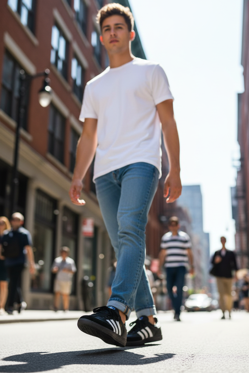 Homme portant les Adidas Samba OG Noir & Blanc – Style urbain premium