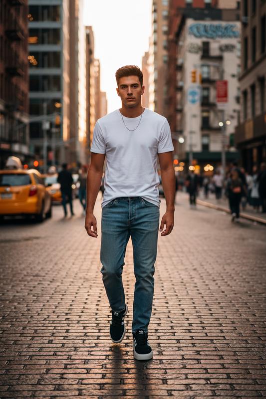 Homme stylé portant les Adidas Platform Noir & Blanc – Style urbain